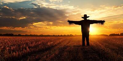 A Striking Sunset View of a Lonely Scarecrow in a Harvested Field photo