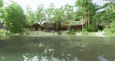 CGI Serene lake reflecting trees and rugged rocks in a tranquil natural setting video