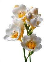 Delicate Small Freesia Blooms Isolated on White Background in Studio photo