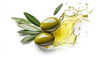 Olive oil splash against a stark white backdrop showcasing vibrant color dynamics photo