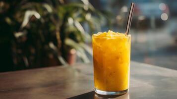 A vibrant glass filled with a refreshing summer drink sits on a table, illuminated by sunlight. Ice cubes float in the drink, enhancing its thirst-quenching appeal. photo