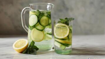 A pitcher filled with cucumber slices, mint leaves, and lemon wedges is placed beside a glass with the same ingredients. This refreshing drink is perfect for summer gatherings or casual enjoyment. photo