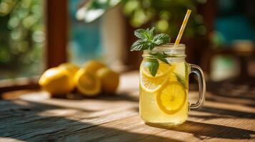 A glass jar filled with a refreshing lemon drink sits on a wooden table. Fresh mint leaves and lemon slices enhance the cool beverage, surrounded by ripe lemons. A warm, sunny atmosphere prevails. photo