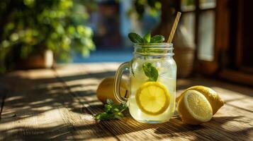 A glass jar filled with lemonade sits on a wooden table, garnished with mint leaves and lemon slices, under warm sunlight. Fresh lemons are placed nearby, enhancing the summer vibe. photo