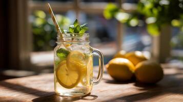 A mason jar filled with a cold drink made of lemon slices and fresh mint sits on a wooden table. Bright sunlight highlights the refreshing beverage against a backdrop of fresh lemons and greenery. photo