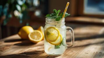 A mason jar filled with a cool lemon mint drink sits on a wooden table. Fresh lemon slices and mint leaves give the beverage a vibrant look. Sunlight shines through, enhancing the refreshing vibe. photo