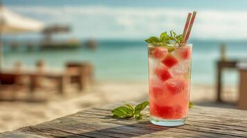 A tall glass holds a vibrant drink made with fresh watermelon and mint leaves, sitting on a wooden table. The sunny beach setting creates a perfect summer atmosphere, inviting relaxation. photo