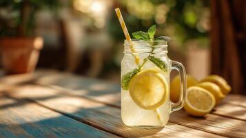 A bright lemon mint drink sits in a mason jar with a straw, garnished with fresh mint and lemon slices. photo