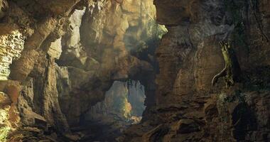 CGI Exploring a vast cave with dramatic rock formations and soft light video