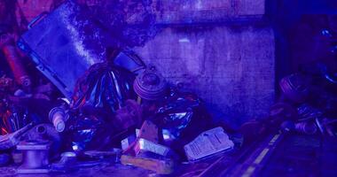 CGI Urban environment showcasing discarded waste in vibrant lighting at nighttime video