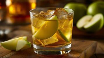 A chilled glass of refreshing beverage features ice cubes and green apple slices. This summer drink is perfect for enjoyable afternoons and warm weather gatherings. photo