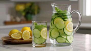 A glass pitcher filled with refreshing cucumber and lemon slices sits on a marble countertop, accompanied by a glass filled with the same mixture. Fresh lemons are displayed nearby. photo