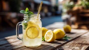A chilled, refreshing drink sits on a wooden table, adorned with mint leaves and lemon slices. Sunlight filters through, creating a vibrant, inviting summer atmosphere perfect for relaxation. photo
