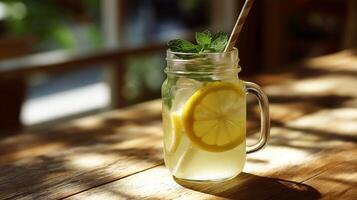 A clear jar filled with a refreshing drink features slices of lemon and fresh mint leaves. It sits on a warm wooden table, illuminated by sunlight pouring through a nearby window. photo