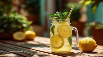 A mason jar filled with lemon slices and mint leaves holds a refreshing beverage. Bright sunlight enhances the vibrant colors, creating a perfect summer atmosphere. photo