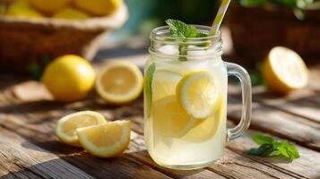 Brightly colored lemonade filled with fresh lemon slices and mint leaves sits on a rustic wooden table. Juicy lemons are scattered around, creating a cheerful summer vibe perfect for warm days. photo
