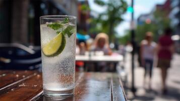 A tall glass filled with sparkling water, mint, and lime sits on a wooden table. Sunlight glimmers on the drink as people stroll by, enjoying a vibrant summer day at an outdoor cafe. photo