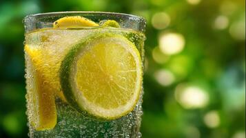 A glass filled with sparkling water showcases fresh lime slices floating atop. The drink glimmers in the sunlight against a blurred green background, perfect for hot summer days. photo