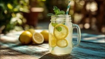A refreshing drink made with sliced lemons and mint leaves sits in a mason jar. The setting features bright sunshine, a rustic wooden table, and ripe lemons nearby, evoking a summer vibe. photo