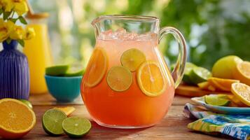 A colorful pitcher filled with a refreshing drink features orange and lemon slices, surrounded by more citrus fruits. photo