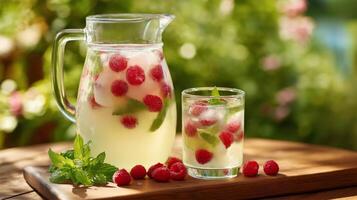 A clear pitcher filled with a refreshing beverage featuring fresh raspberries and mint sits next to a glass in a bright garden. The vibrant colors highlight the essence of summer. photo
