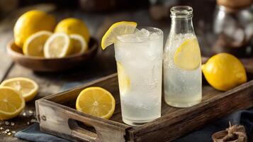 Bright yellow lemons and refreshing lemonade drinks are presented on a wooden tray, capturing the essence of summer gatherings. Perfectly chilled and inviting, this setup encourages relaxation. photo