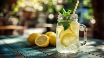 A refreshing drink made with lemon slices and mint sits on a rustic wooden table in a bright outdoor space. Sunlight filters through trees, creating a warm and inviting atmosphere. photo