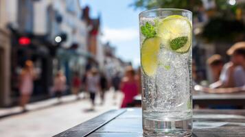 A clear glass filled with sparkling water, lime slices, and fresh mint sits on a table. In the background, people enjoy a vibrant summer day in a lively street lined with shops. photo