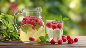A clear pitcher of raspberry lemonade filled with fresh raspberries and mint sits on a wooden table, accompanied by a glass. photo