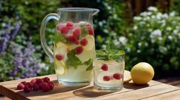A clear pitcher filled with icy lemonade features fresh raspberries and mint, accompanied by a glass of the drink. Lemon slices add vibrant color, set against a lush garden backdrop. photo