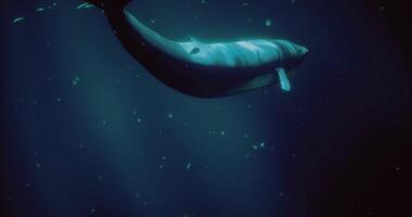 CGI Majestic whale gliding through dark ocean depths under soft light video
