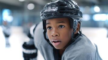A young African American boy showcases his hockey skills by passing a puck across the ice, during a practice session at a local ice rink in winter. photo
