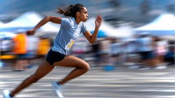 A Latina girl sprints full speed past the finish line during an athletic event. The bright day showcases her determination and swift movement as she competes. photo