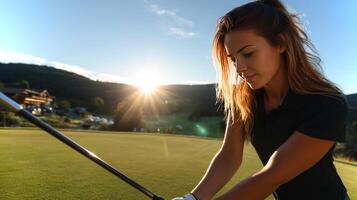 A girl with red hair focuses intently as she prepares to tee off on a golf course at sunset, surrounded by a scenic landscape and soft, warm light. photo
