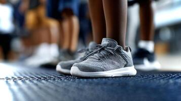 Close-up view of a pair of stylish sneakers worn by African American boys. They stand on a gymnasium floor, highlighting athletic activity and camaraderie. photo