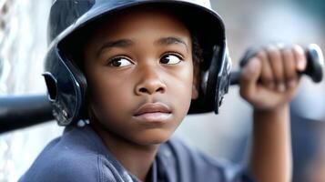 A young boy stands in the batters box, bat resting on his shoulder, displaying focus and anticipation for his turn at bat during a baseball game. photo