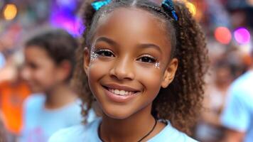 A joyful black girl with curly hair adorned with bows displays glitter makeup, radiating happiness in a lively crowd, surrounded by colorful lights. photo