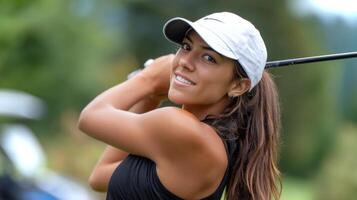 A Latina girl demonstrates excellent form as she prepares for her backswing on a bright day at the golf course, showcasing her skills and focus in the game. photo