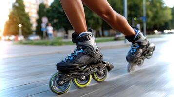 Black girls glide effortlessly on inline skates, showcasing brightly colored wheels as they skate along a smooth path during sunset in an urban environment. photo
