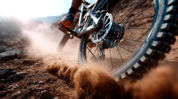 A close-up view captures the rear wheel of a mountain bike kicking up mud and dust as it navigates a rugged terrain. Afternoon sunlight enhances the action. photo