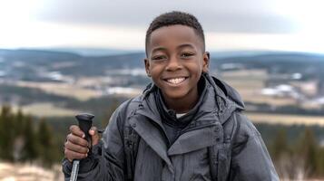 A cheerful black boy takes a step forward while holding Nordic poles, surrounded by a breathtaking mountain view on a cloudy day, embracing the joy of hiking. photo