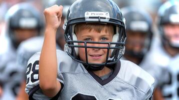 At a youth football game, a boy in a black and gray uniform raises his helmet in triumph after scoring a touchdown, showcasing excitement and teamwork. photo