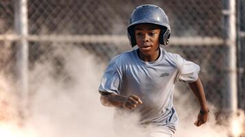 An African American boy runs quickly around the baseball field, wearing a helmet and a shirt, enjoying the excitement of the game on a sunny afternoon. photo