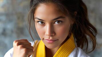 A Latina girl practices her basic punch technique with a serious expression in a training facility during daylight hours, showcasing her dedication to martial arts. photo