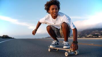 An African American boy skillfully rides a longboard on a smooth coastal road, enjoying the sunny atmosphere and gentle breeze while smiling joyfully. photo