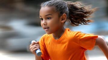 A young Latino girl in an orange shirt sprints forward, expertly passing a relay baton during a competitive race at a sports event filled with excitement. photo