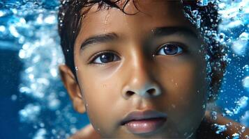 A young South Asian boy immerses himself underwater, eyes open and focused, as he holds his breath in a pool, surrounded by shimmering bubbles and light. photo