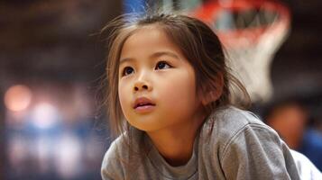 A young Asian girl positions herself for a jump shot on a basketball court. Her knees are bent, and she is focused on the action. photo