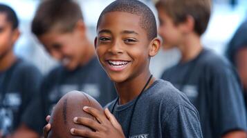 A cheerful African American boy holds a football, showcasing a bright smile while attending a sports camp surrounded by peers dressed in matching shirts. photo