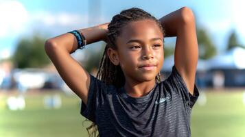 A young African American girl is stretching thoughtfully at a sports practice. She wears a flag belt and is focused on her warm-up routine in an outdoor setting. photo